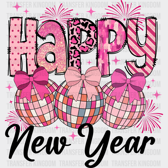 Happy New Year Pink B&W - New Year DTF Transfer Adult Unisex - S & M (10’’) / Dark Color Design (See Imaging)