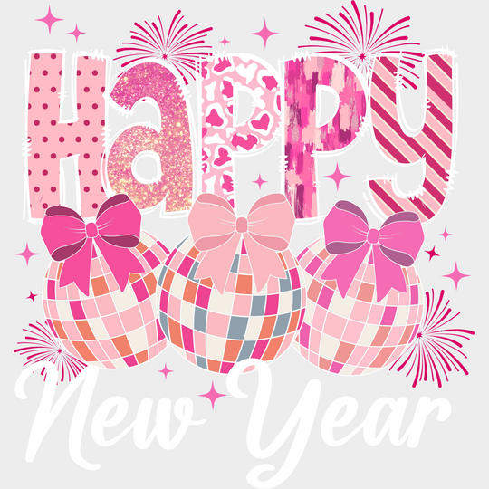 Happy New Year Pink B&W - New Year DTF Transfer Adult Unisex - S & M (10’’) / Light Color Design (See Imaging)