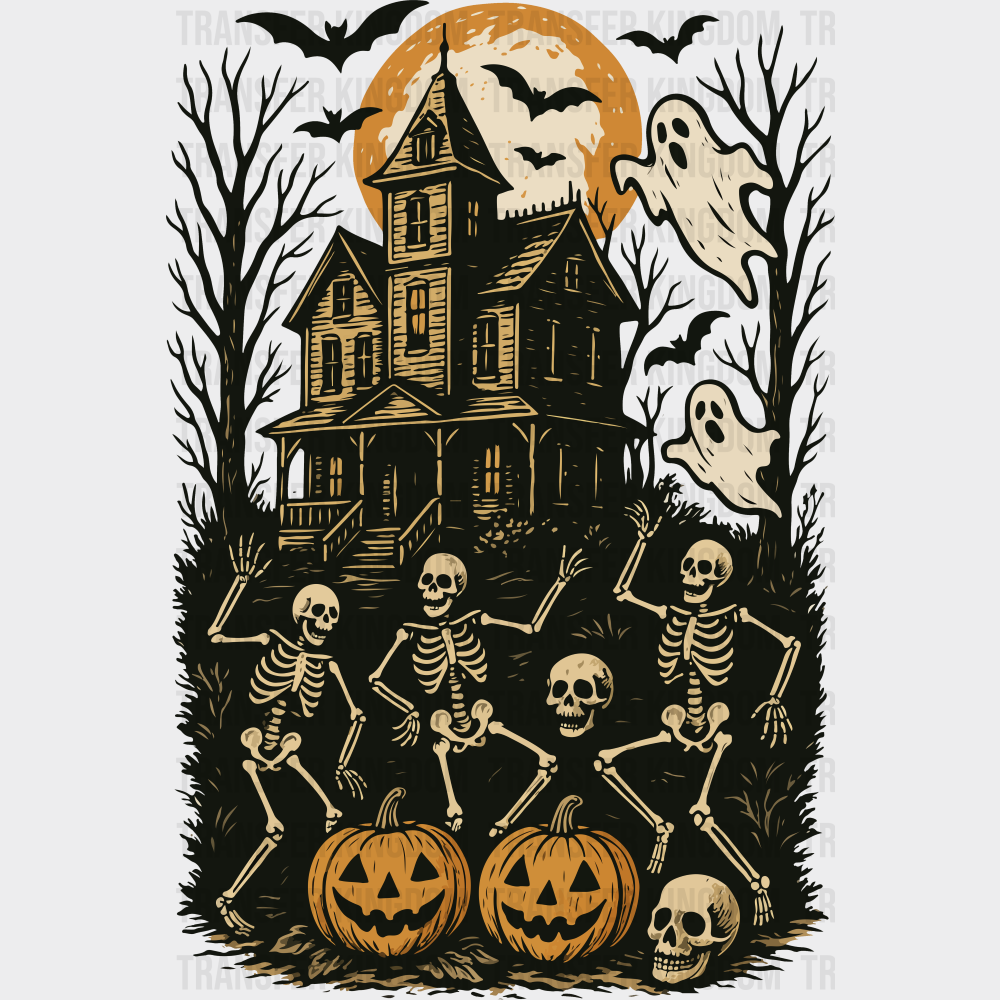 Haunted House & Skeletons Halloween DTF Transfer