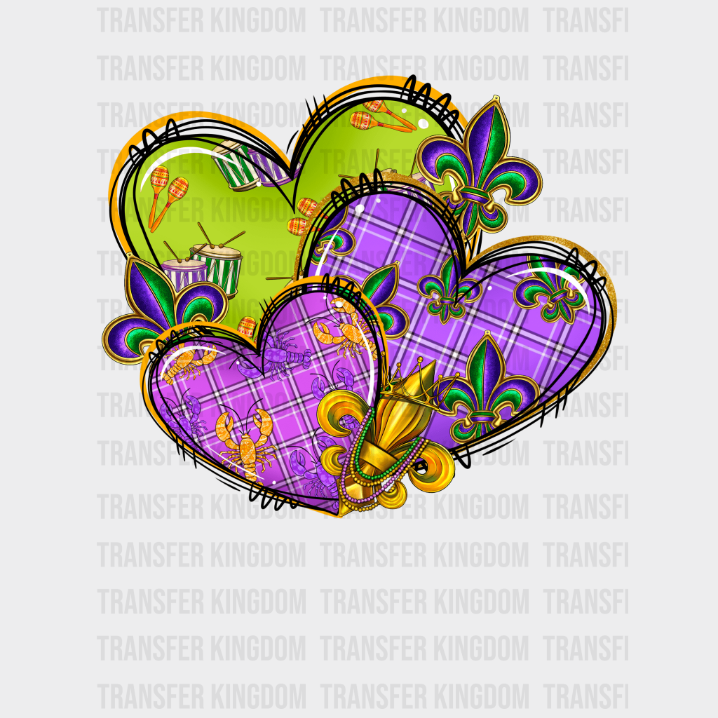 Hearts Mardi Gras Design- Dtf Heat Transfer