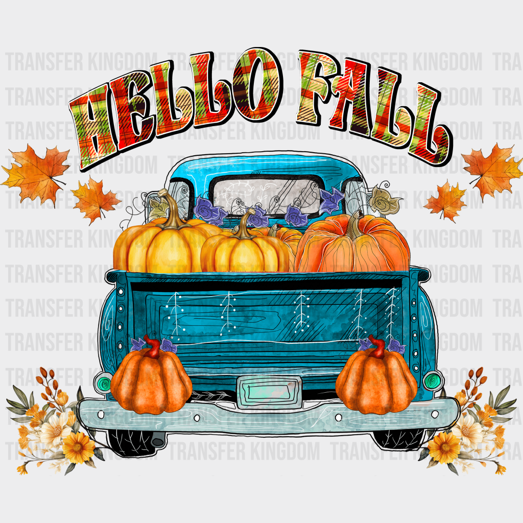 Hello Fall Blue Truck - Dtf Transfer Unisex S & M (10’’) / Dark Color Design See Imaging