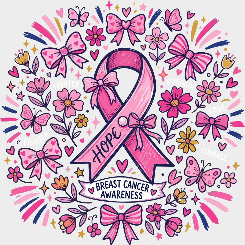 Hope Ribbons - Breast Cancer DTF Transfers - Adult Unisex - S & M (10’’) / Light Color Design (See Imaging)