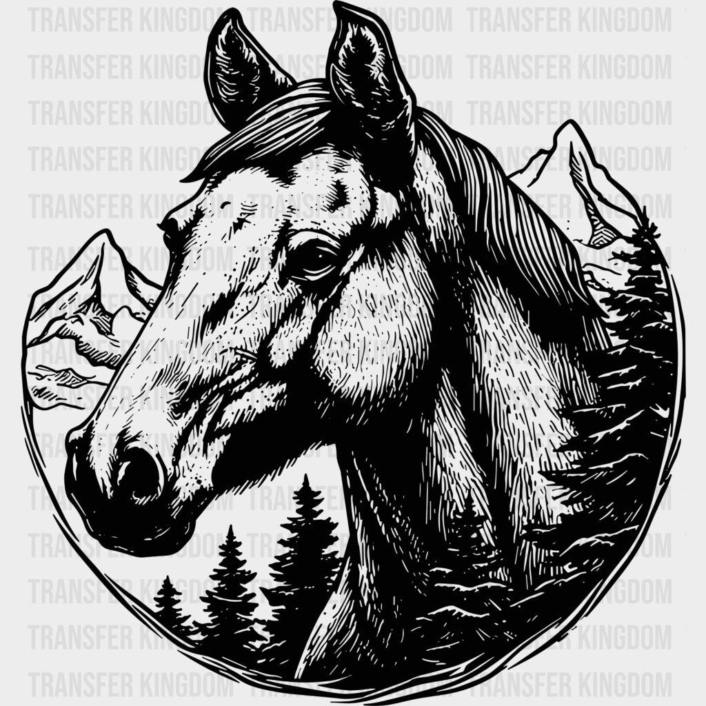 Horse & Mountain Portrait - Animals DTF Transfers - Adult Unisex - S & M (10’’) / Dark Color Design (See Imaging)