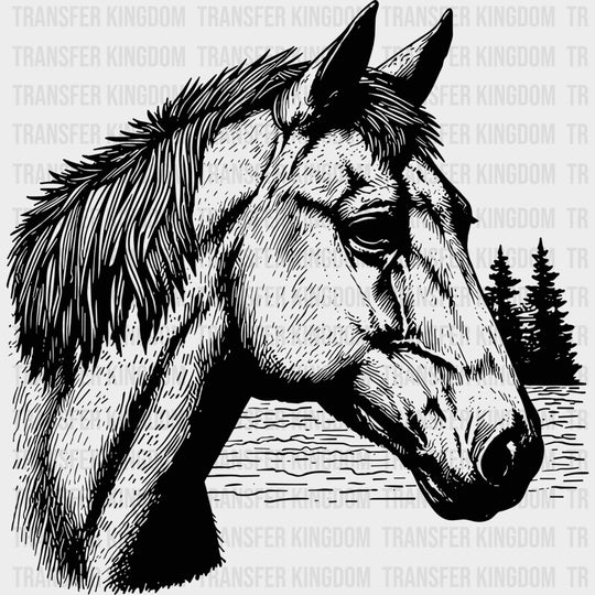 Horse Portrait B&W - Animals DTF Transfers - Adult Unisex - S & M (10’’) / Dark Color Design (See Imaging)
