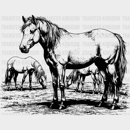 Horses Grazing - Animals DTF Transfers - Adult Unisex - S & M (10’’) / Dark Color Design (See Imaging)