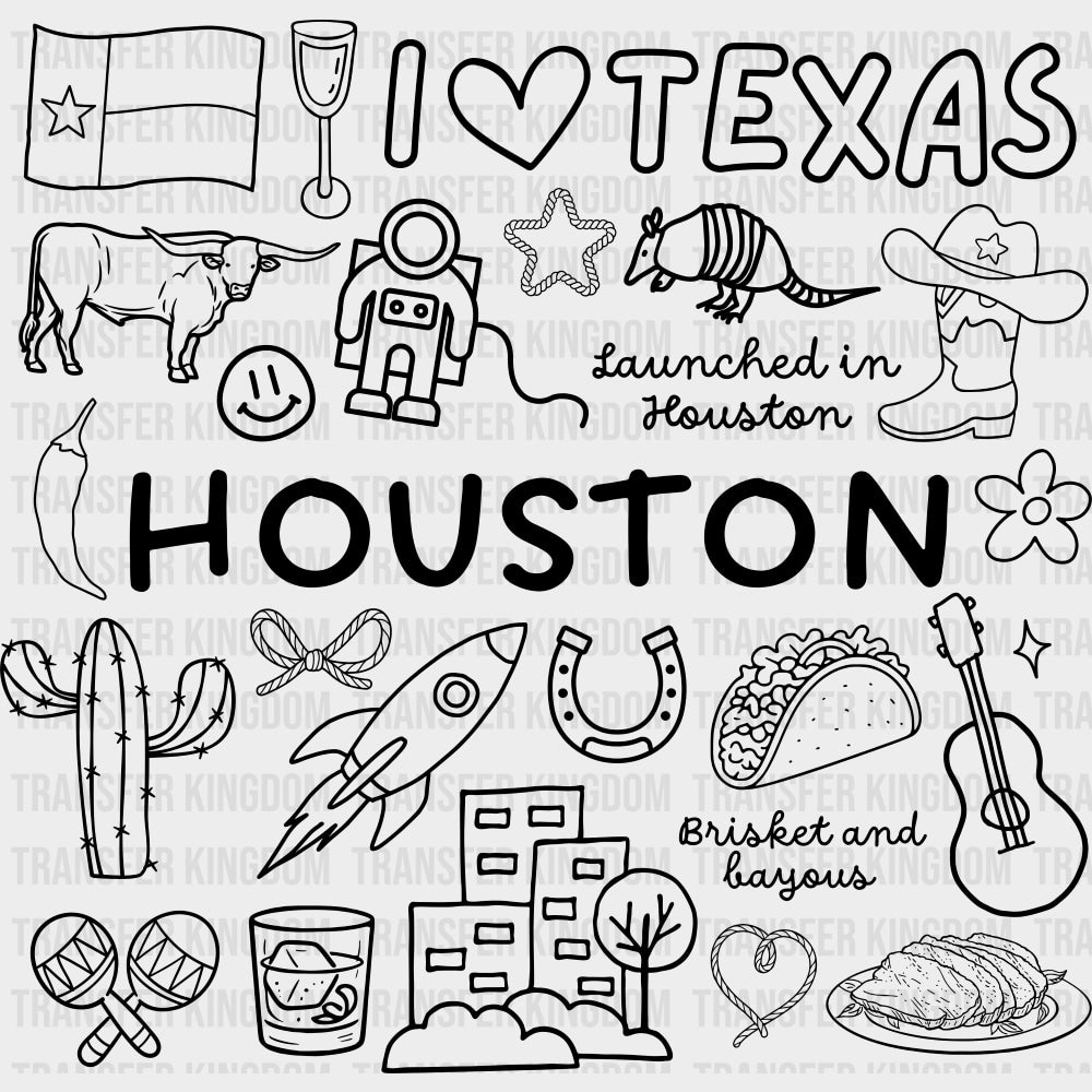 Houston B&W Doodles - States & Cities DTF Transfers Adult Unisex - S & M (10’’) / Dark Color Design (See Imaging)