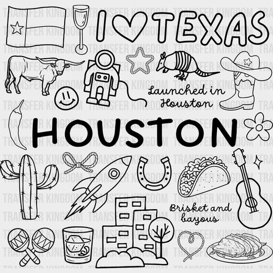 Houston B&W Doodles - States & Cities DTF Transfers Adult Unisex - S & M (10’’) / Dark Color Design (See Imaging)