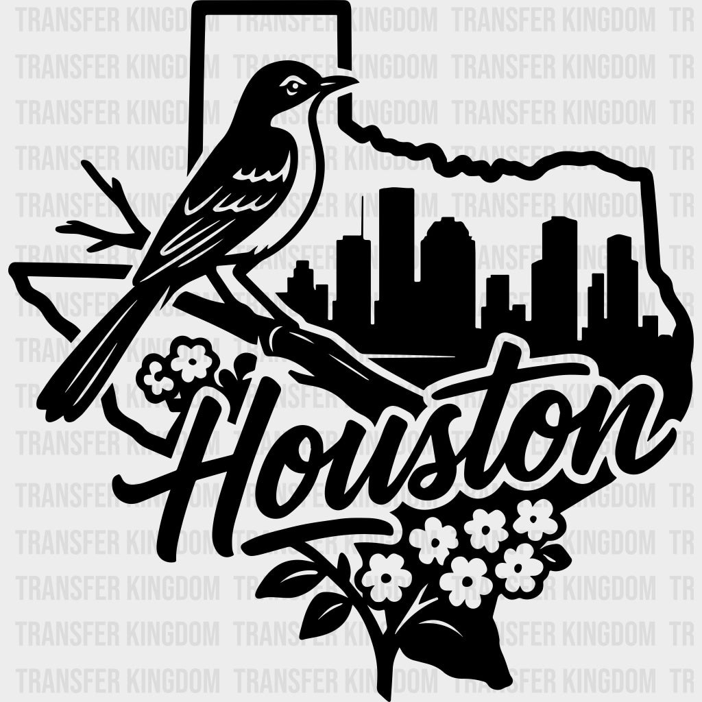 Houston Bird B&W Map - States & Cities DTF Transfers Adult Unisex - S & M (10’’) / Dark Color Design (See Imaging)