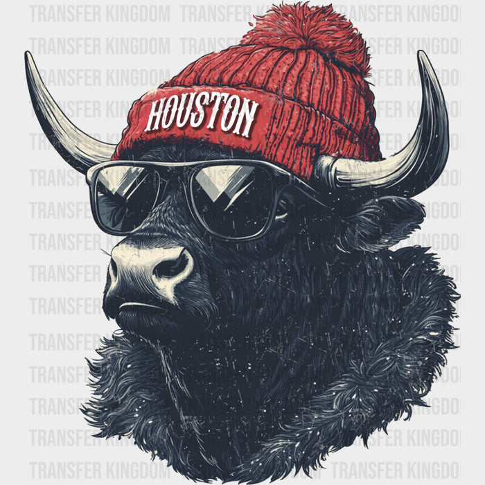 Houston Bull, Red Beanie - States & Cities DTF Transfers