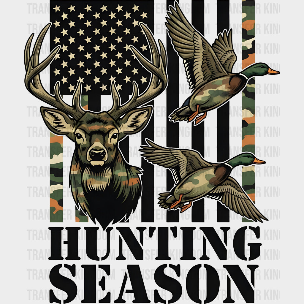 Hunting Season B&W US Flag - Hunting DTF Transfers Adult Unisex - S & M (10’’) / Dark Color Design (See Imaging)