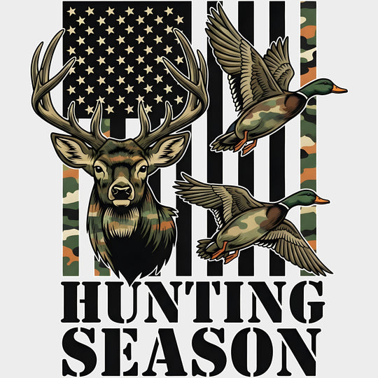 Hunting Season B&W US Flag - Hunting DTF Transfers Adult Unisex - S & M (10’’) / Light Color Design (See Imaging)