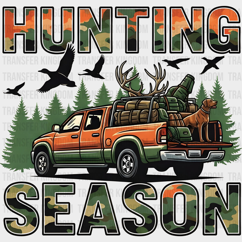 Hunting Season Orange Truck - Hunting DTF Transfers Adult Unisex - S & M (10’’) / Dark Color Design (See Imaging)