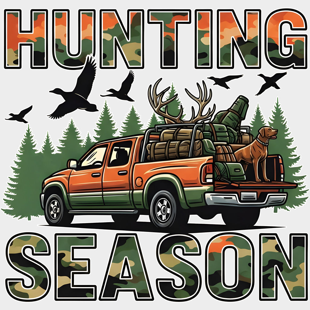 Hunting Season Orange Truck - Hunting DTF Transfers Adult Unisex - S & M (10’’) / Light Color Design (See Imaging)