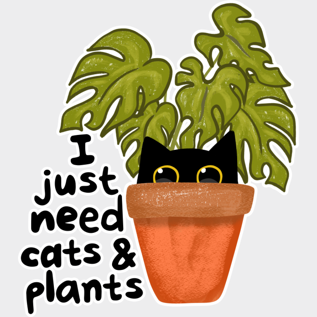 I Just Need Cats & Plants - Cat DTF Transfer Adult Unisex - S & M (10’’) / Light Color Design (See Imaging)