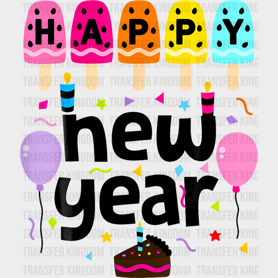 Ice Pops Happy New Year B&W - New Year DTF Transfer Adult Unisex - S & M (10’’) / Dark Color Design (See Imaging)