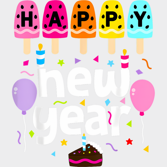 Ice Pops Happy New Year B&W - New Year DTF Transfer Adult Unisex - S & M (10’’) / Light Color Design (See Imaging)