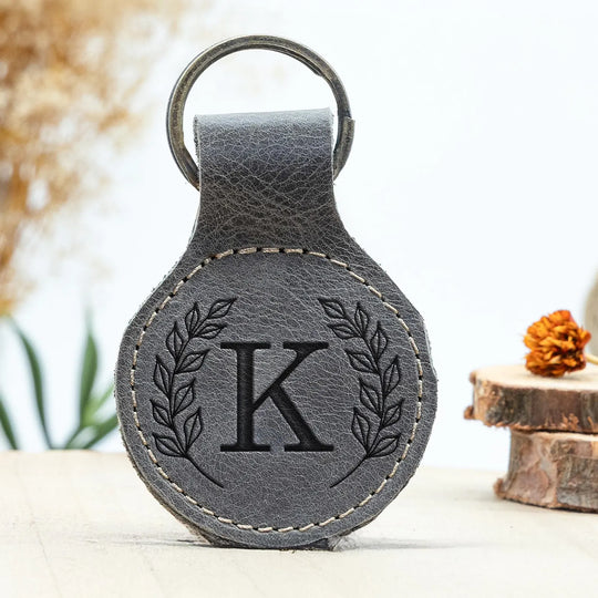 Custom Engraved Leather Keychain – Circle