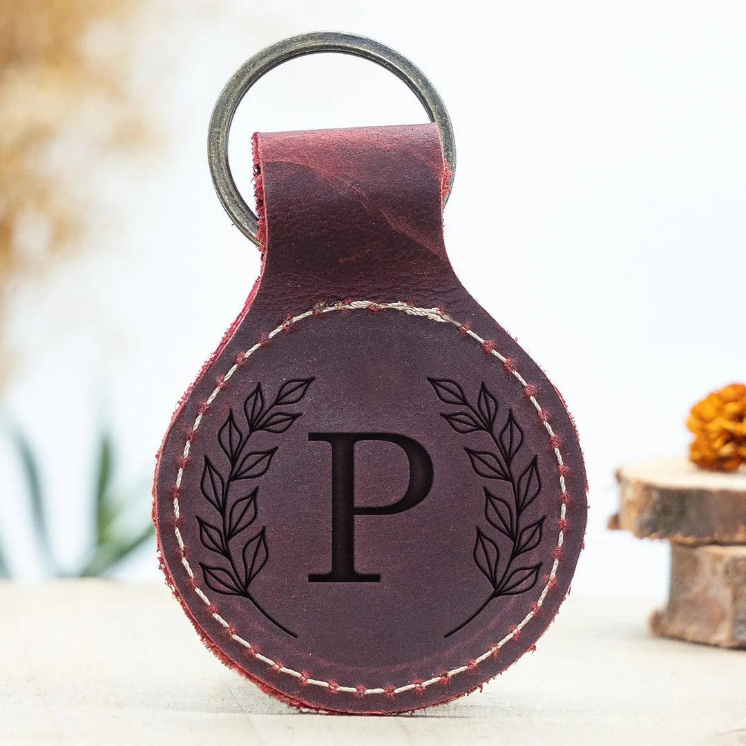 Custom Engraved Leather Keychain – Circle