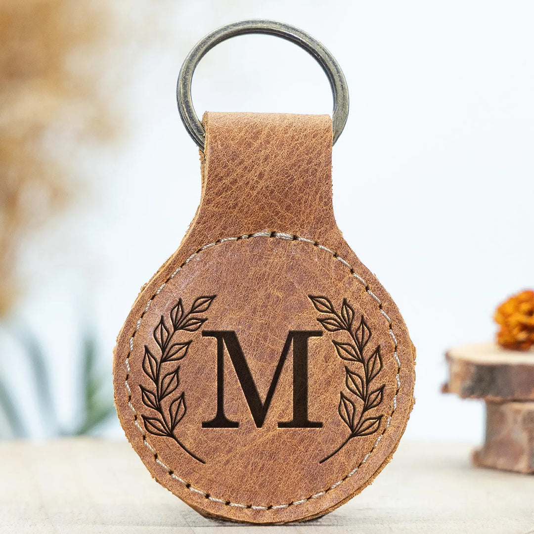 Custom Engraved Leather Keychain – Circle