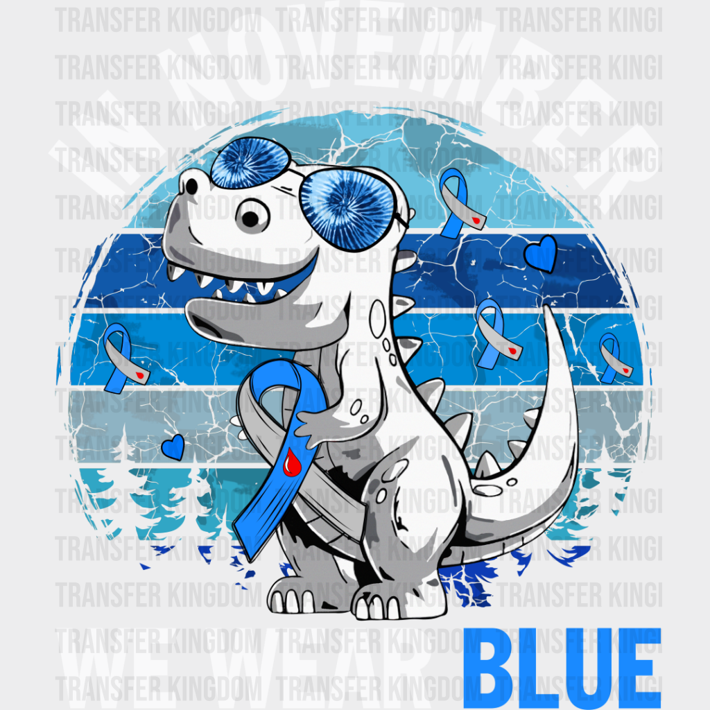 In November We Wear Blue Dinosaur - Diabetes Dtf Heat Transfer Unisex S & M (10’’) / Light