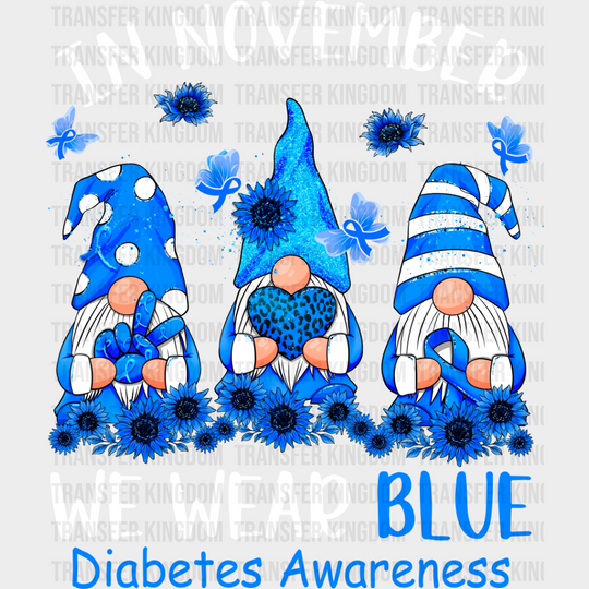 In November We Wear Blue Gnomes - Diabetes Dtf Heat Transfer Unisex S & M (10’’) / Light Color