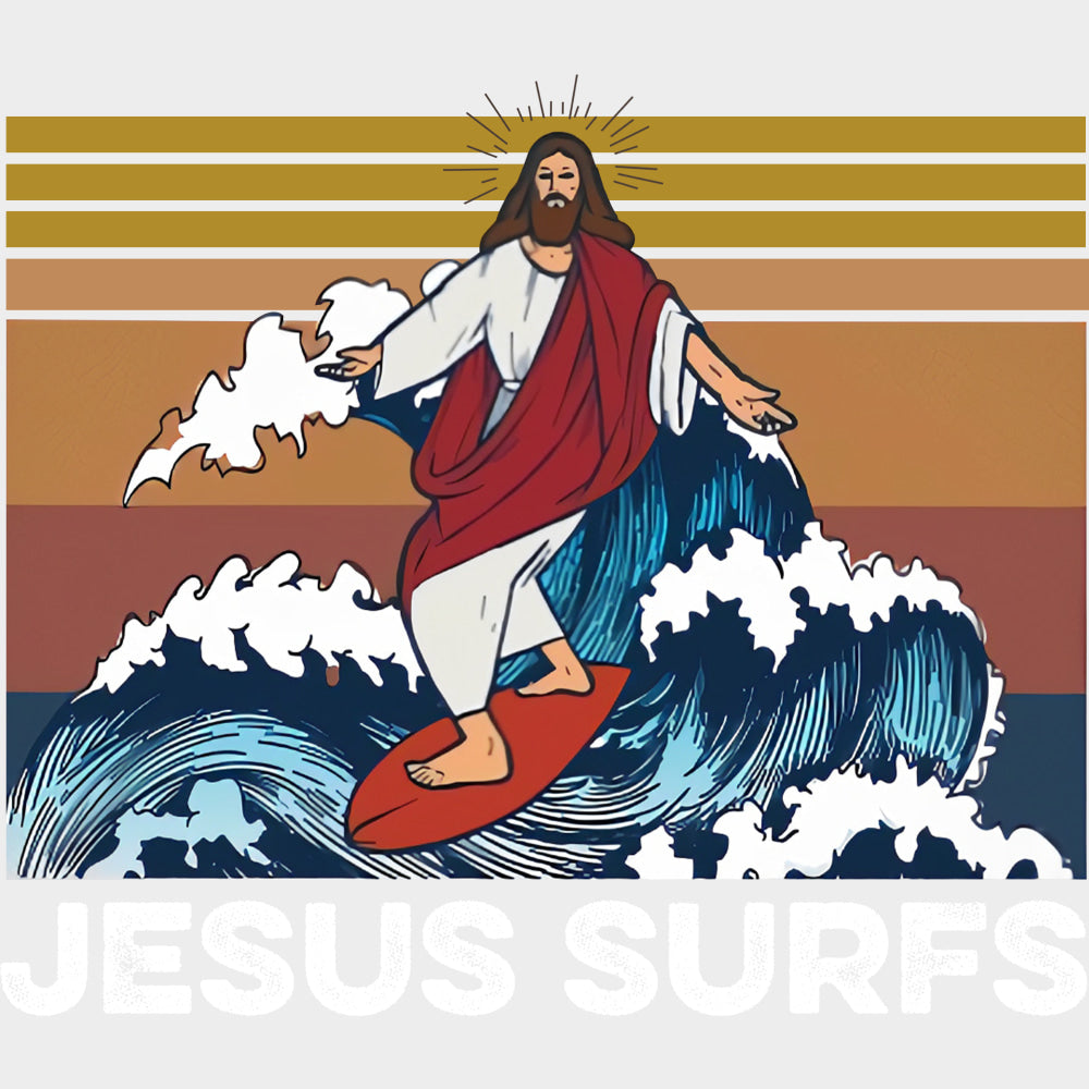 Jesus Surfs - Surfing DTF Transfers transfer-kingdom Light Color Design (See Imaging)