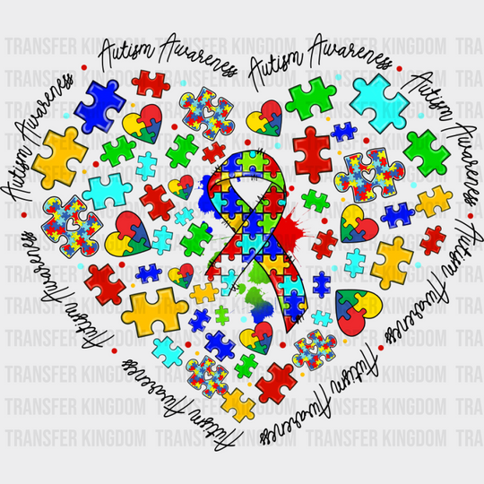 Jigsaw Ribbon Heart Design - Autism Awareness DTF Transfer Unisex - S & M (10’’) Dark Color Design (See Imaging)