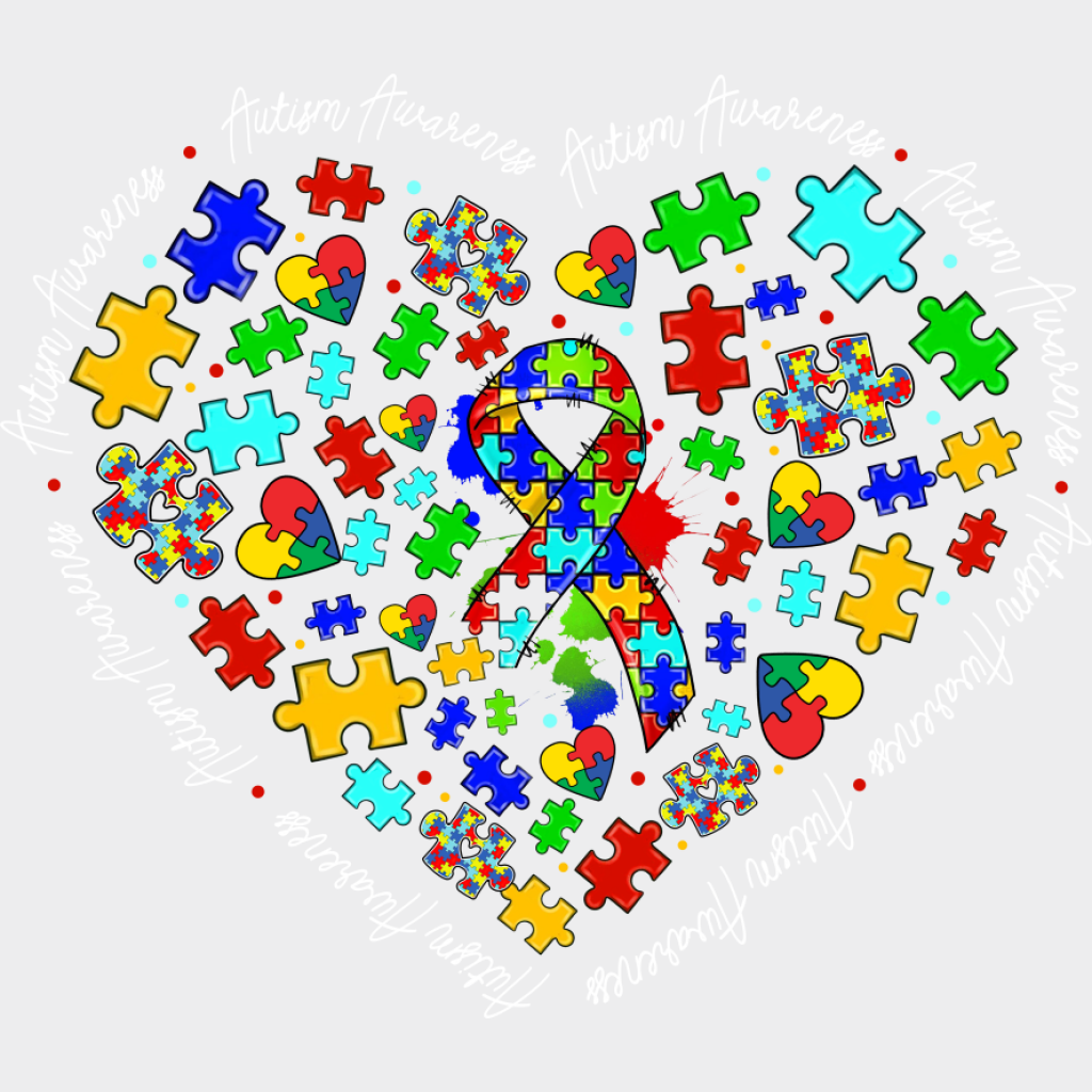 Jigsaw Ribbon Heart Design - Autism Awareness DTF Transfer Unisex - S & M (10’’) Light Color Design (See Imaging)