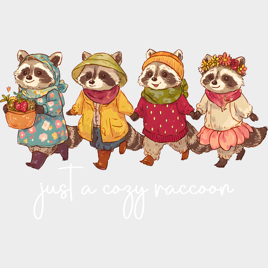Just A Cozy Raccoon Fall DTF Transfer Adult Unisex S & M (10’’) / Light Color Design (See Imaging)
