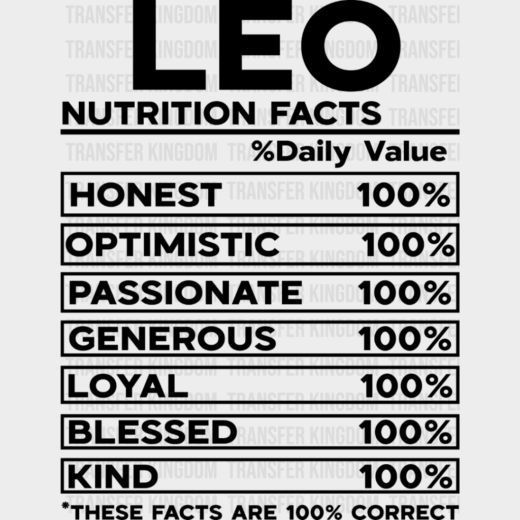 Leo Nutrition Facts - Zodiac & Horoscopes Dtf Heat Transfer Unisex S M (10’’) / Dark Color