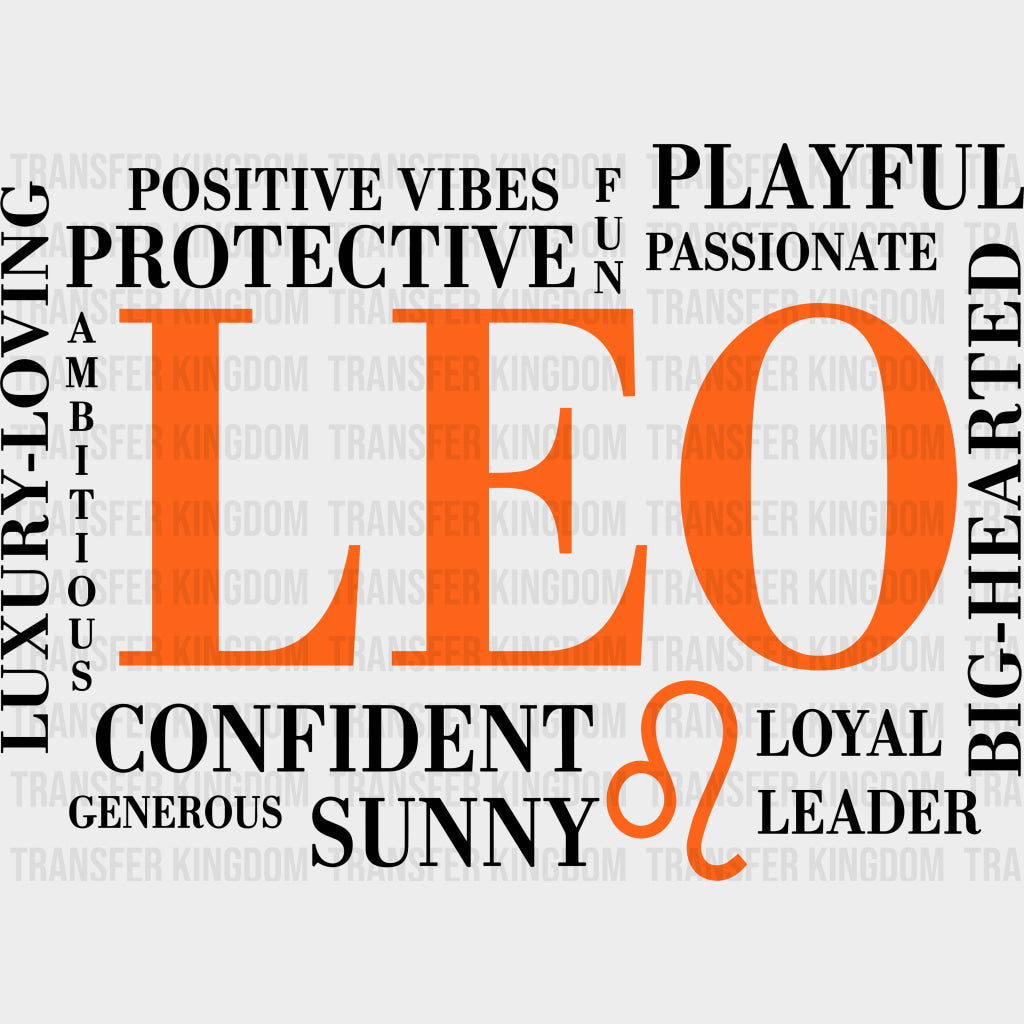 Leo Qualities Orange Horizontal - Zodiacs & Horoscopes DTF Transfers - Adult Unisex - S & M (10’’) / Dark Color Design