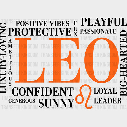Leo Qualities Orange Horizontal - Zodiacs & Horoscopes DTF Transfers - Adult Unisex - S & M (10’’) / Dark Color Design