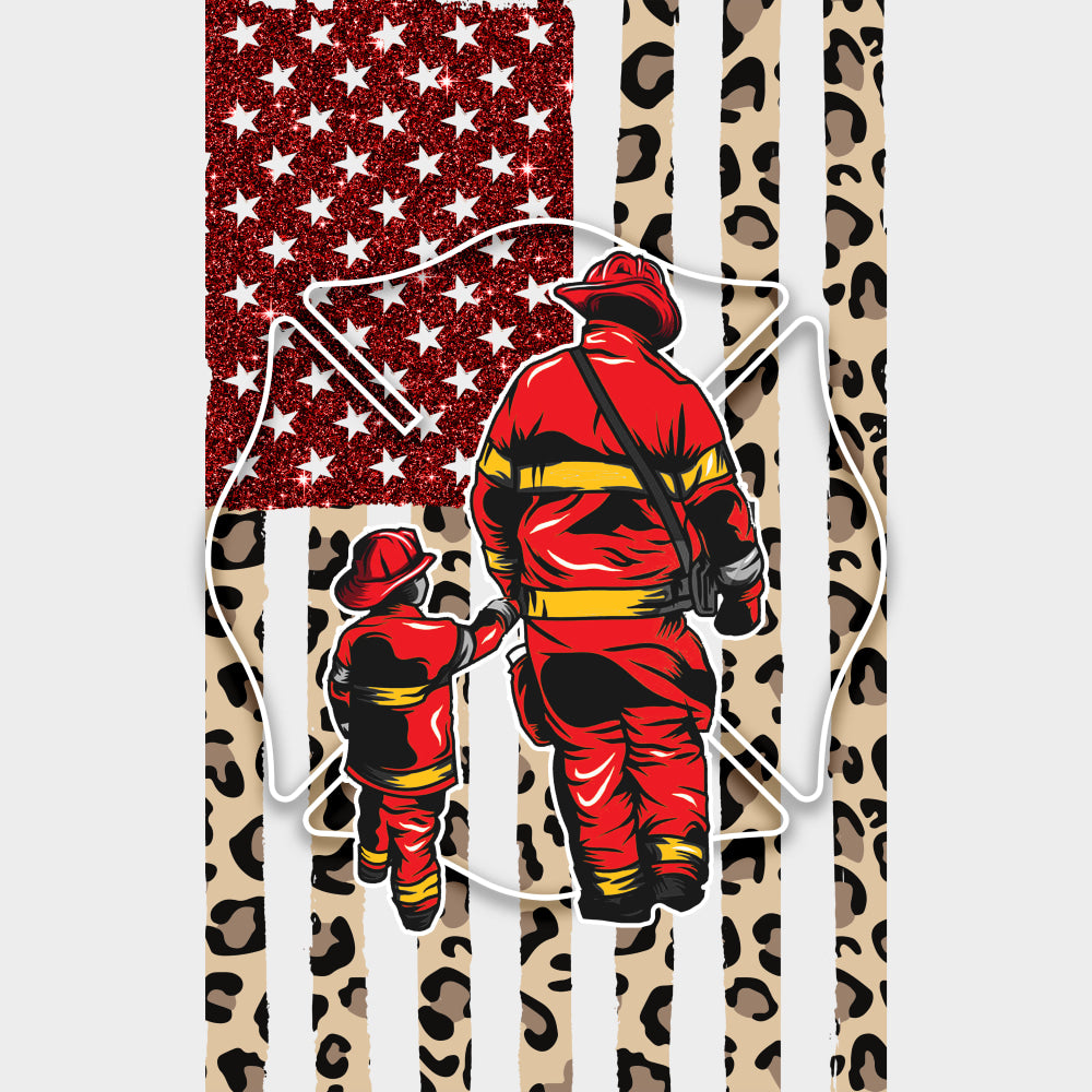 Leopard Print US Flag - Fire Department DTF Transfers Adult Unisex - S & M (10’’) / Light Color Design (See Imaging)