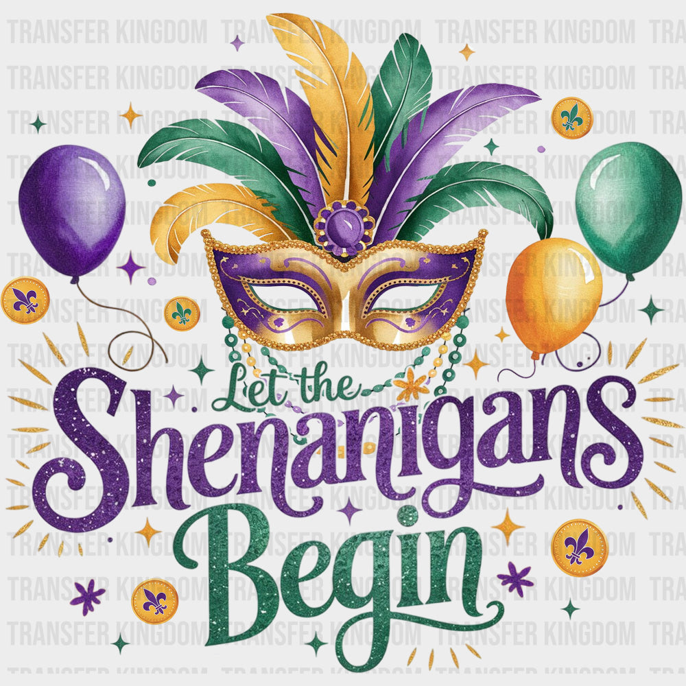 Let The Shenanigans Begin Balloons & Mask - Mardi Gras DTF Transfers Adult Unisex - S & M (10’’) / Dark Color Design