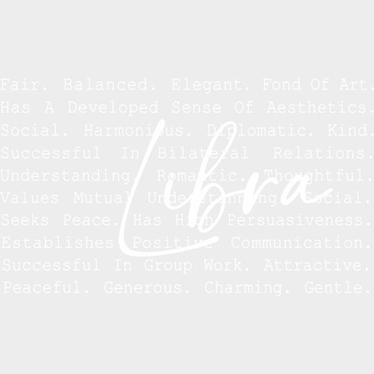 Libra B&W - Zodiacs & Horoscopes DTF Transfers - Adult Unisex - S & M (10’’) / Light Color Design (See Imaging)