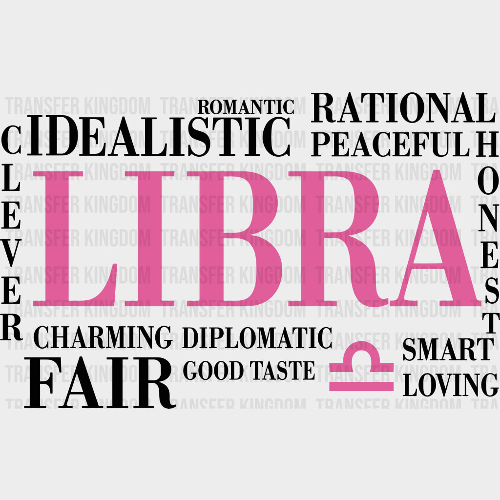 Libra Qualities Pink Horizontal - Zodiacs & Horoscopes DTF Transfers - Adult Unisex - S & M (10’’) / Dark Color Design