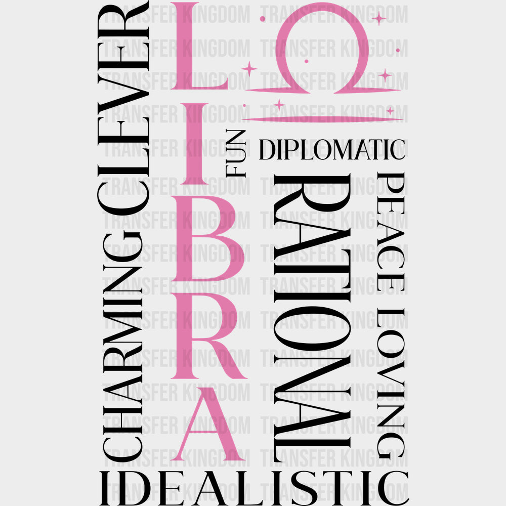 Libra Qualities Pink - Zodiacs & Horoscopes DTF Transfers - Adult Unisex - S & M (10’’) / Dark Color Design (See