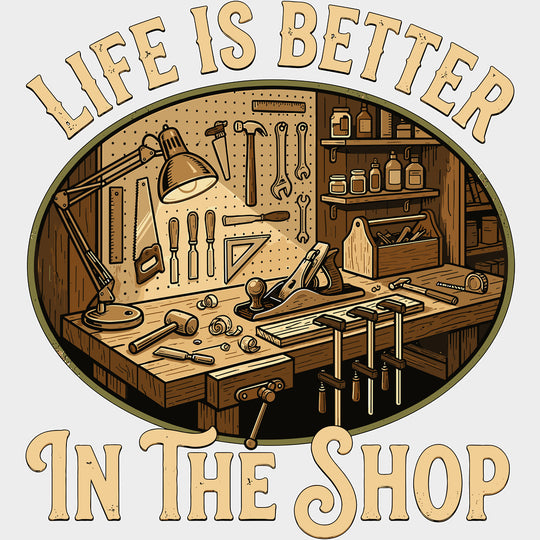 Life Is Better In The Shop - Woodworking DTF Transfers - Adult Unisex - S & M (10’’) / Light Color Design (See Imaging)
