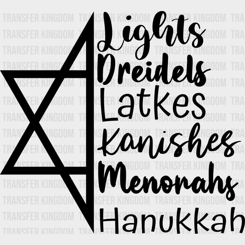 Lights Dreidels Latkes Kanishes Menorahs - Hanukkah DTF Transfer Adult Unisex - S & M (10’’) / Dark Color Design (See