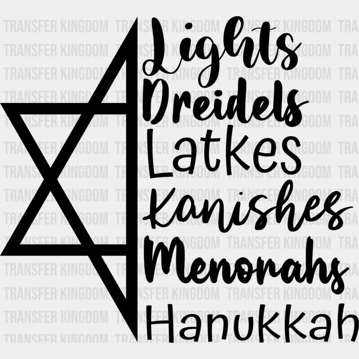 Lights Dreidels Latkes Kanishes Menorahs - Hanukkah DTF Transfer