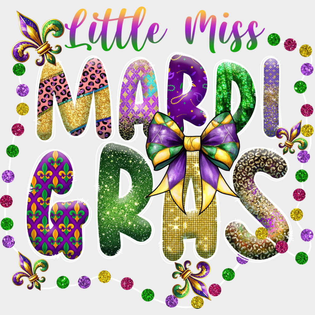 Little Miss Mardi Gras Gemstones - Mardi Gras DTF Transfer Adult Unisex - S & M (10’’) / Light Color Design (See