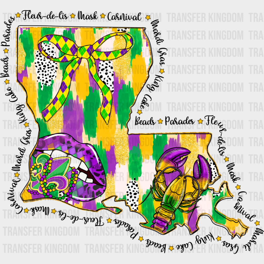 Louisiana Map - Mardi Gras DTF Transfer Adult Unisex - S & M (10’’) / Dark Color Design (See Imaging)
