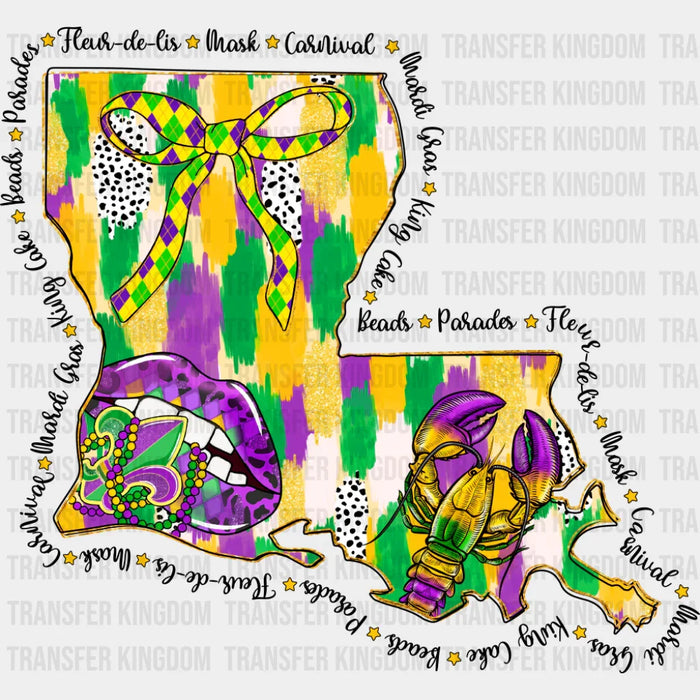 Louisiana Map - Mardi Gras DTF Transfer