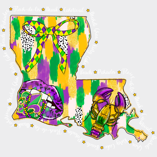 Louisiana Map - Mardi Gras DTF Transfer Adult Unisex - S & M (10’’) / Light Color Design (See Imaging)