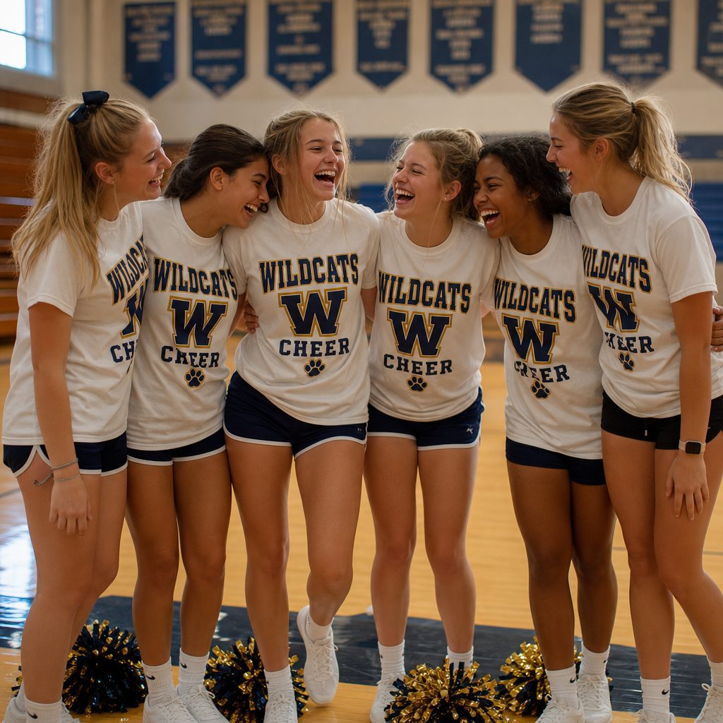 High school cheer squad in matching freshly printed Wildcats Cheer team shirts laughing together in a school gym, pom-poms at their feet