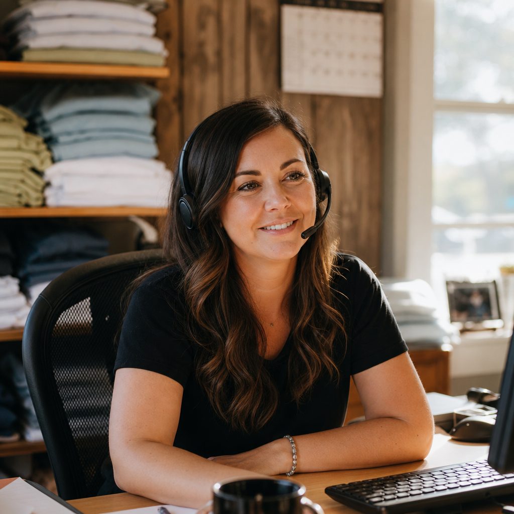 A friendly print shop customer service rep in a headset smiling on a call from a real desk in Houston