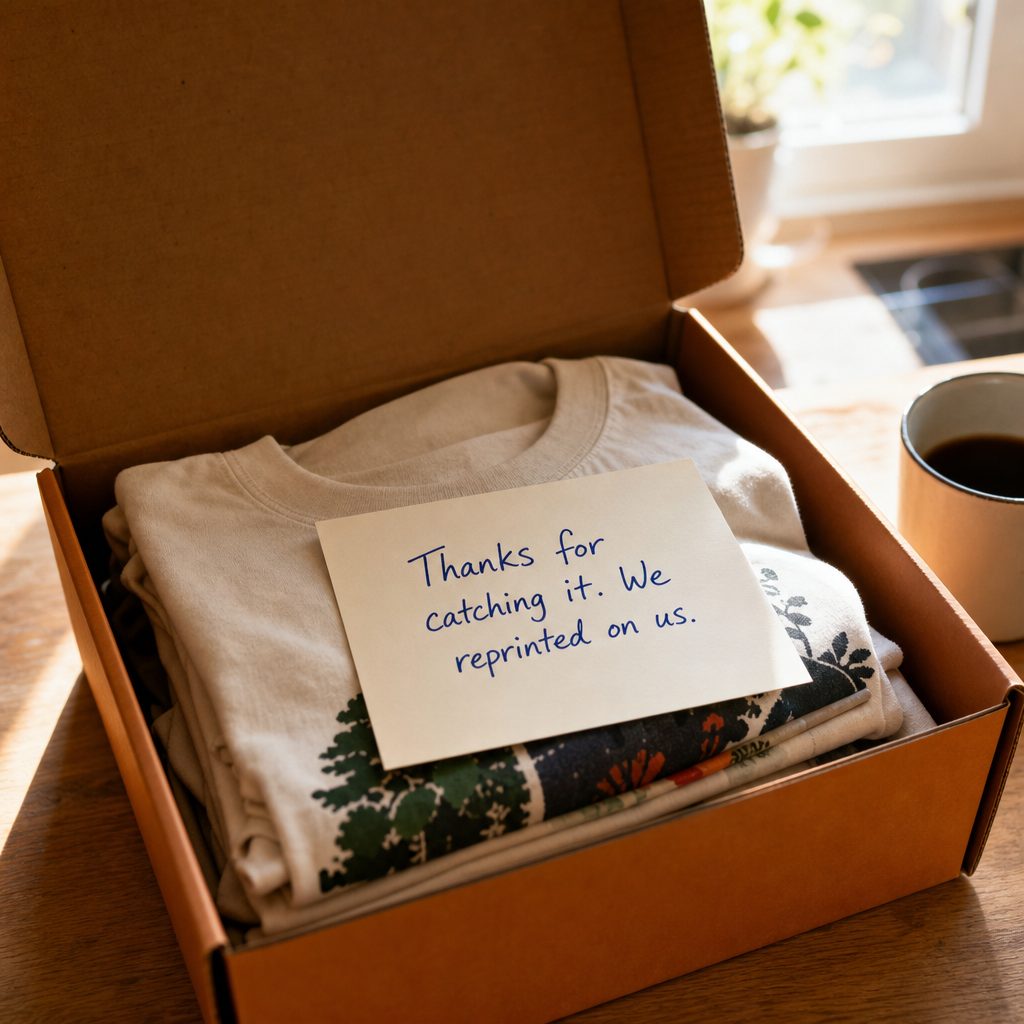 A handwritten thank-you note on cream cardstock resting on top of folded printed t-shirts inside an open orange Transfer Kingdom shipping box