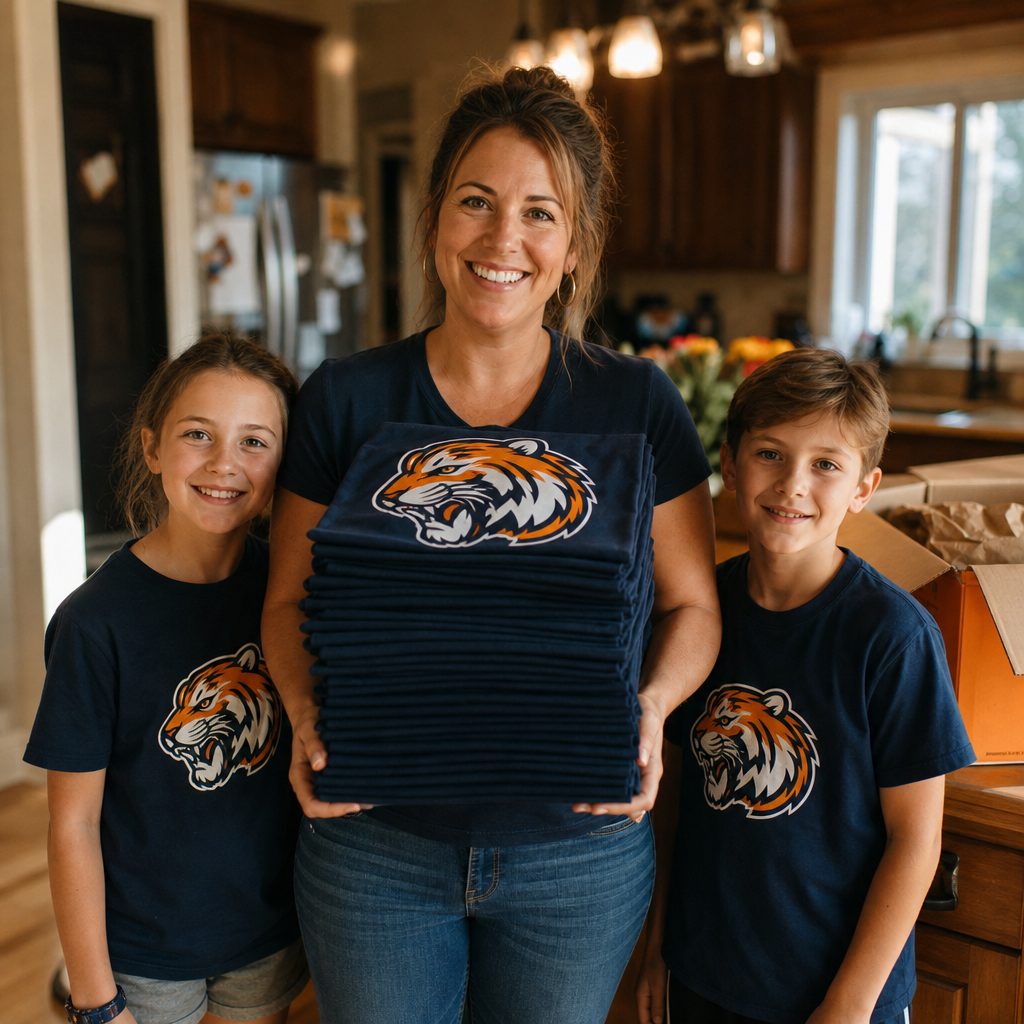 A beaming team mom in her warm suburban kitchen holding a tall stack of freshly printed team spirit shirts, two of her kids beside her in matching shirts, an opened Transfer Kingdom shipping box on the kitchen table behind her