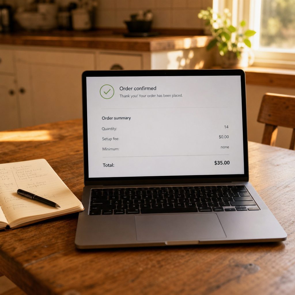 A laptop showing a clean order confirmation for 14 shirts with zero setup fee and no minimum surcharge on a wooden kitchen table