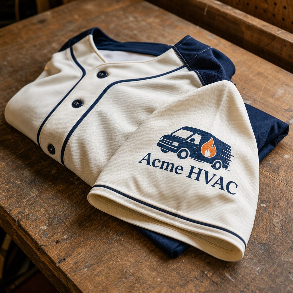 A folded youth team baseball jersey on a workshop table with a vivid full-color HVAC sponsor logo crisp on the sleeve